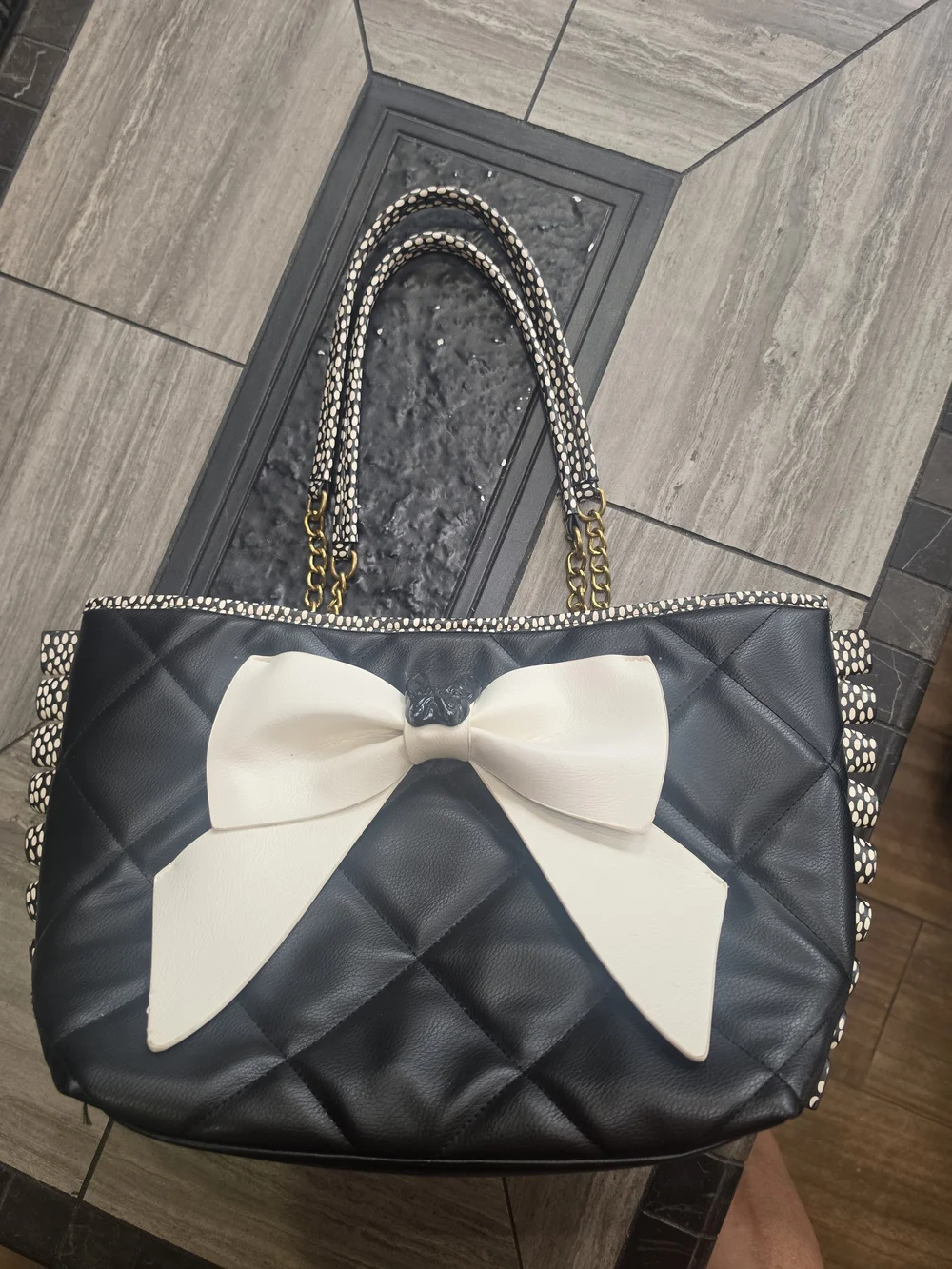 Betsey Johnson Black Quilted Tote with Ivory Bow Accent